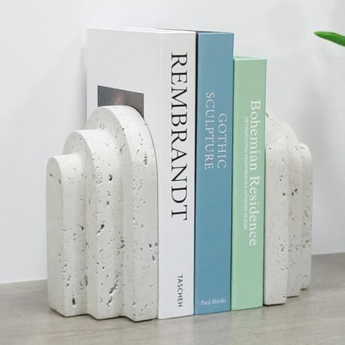 Decorative Book Ends for Shelves - Boho Aesthetic Bookends Decor - Heavy Duty Travertine Book Stopper Holder for Home Office Desk Coffee Table (Grey)