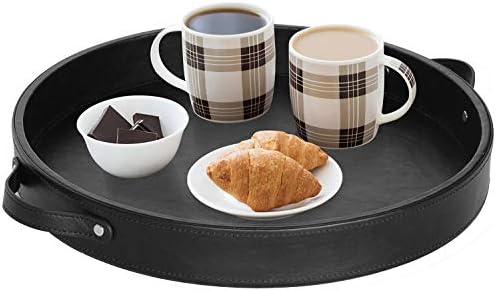 HofferRuffer PU Leather Round Serving Tray with Handles, Decorative Catchall Vanity Coffee Tray, Faux Leather Ottoman Tray for Home Or Office, Diameter 14.6-inch (Black)
