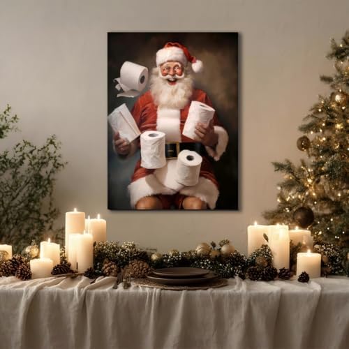 FLZYKGPA Funny Christmas Santa Bathroom Wall Art Prints 8x12in, Winter Christmas Santa Claus Posters Pictures Wall Decor for Shower Room Bathroom Washroom, Framed Ready to Hang