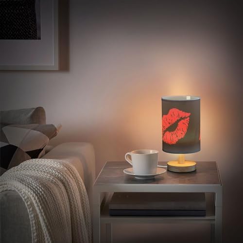 Table Lamp Sexy Red Lip on Black Nightstand Lamp with Wood Base Fabric Lamp Shade Bedside Desk Lamp for Living Room Bedroom Kids Room Office
