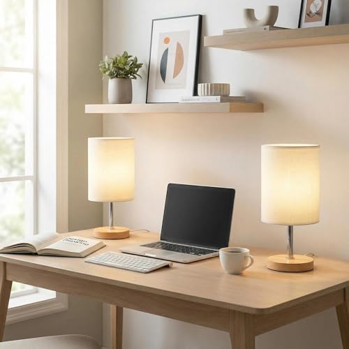 Small Table Lamp Set of 2, Bedside Lamp with 3000K Warm LED Bulb Included, Nightstand Lamp for Living Room Office Dorm Kids Room, Easy Assemble Minimalist Cream Shade & Wood Base(5W)
