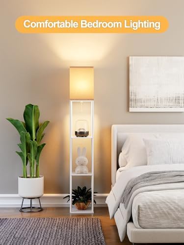Floor Lamp with Shelves for Living Room 2 Pack, Shelf Floor Lamp with 3 CCT LED Bulb, Corner Display Standing Column Lamp Etagere Organizer Tower Nightstand with White Linen Shade for Bedroom, White