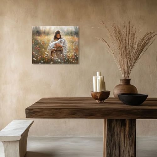 B BLINGBLING Jesus Holding Lamb Wall Art Christian Canvas Print for Home Decor | Inspirational Religious Picture for Living Room Bedroom Church Office | Ready to Hang | 12x15 inch