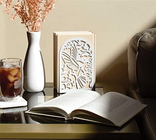 CNK Premium BookEnds - Metal Book Stoppers for Home Office, Book Shelf Holder, Decorative (Hummingbird White)