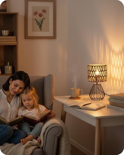 Rattan Table Lamp, Boho Table Lamp, Small Bedside Lamp, Handwoven Paper Lampshade, 2700K LED Bulb Included, Boho Desk Lamp, Modern Nightstand Lamp for Bedroom, Living Room, HW06TL05