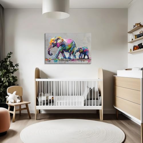 Elephant Canvas Wall Art Elephant with Cub Picture Graffiti Painting Animal Prints Gray Posters Modern Artwork for Living Room Bedroom Bathroom Home Wall Decor Framed(Elephant-15,12.00"x18.00")