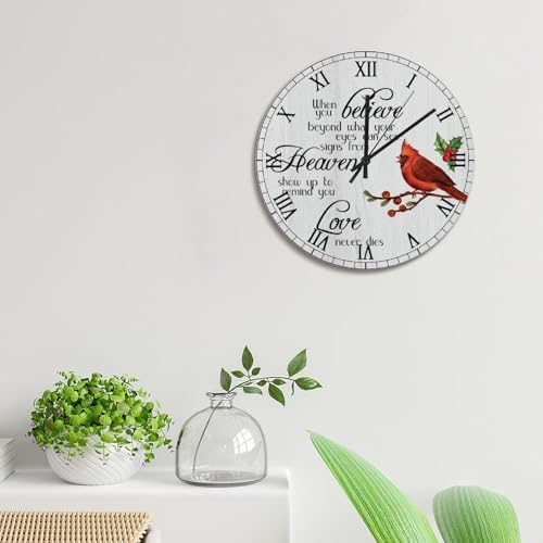 Cardinal Red Birds Wall Clock Love Never Dies 15 Inch Round Wall Clocks Battery Operated Silent Christmas Wall Decor Home Decor for Living Room Kitchen Bedroom Office
