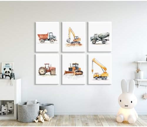 Nursery Construction Truck Wall Art Decor Toddler Boys Room Poster Kids Nursery Tractor Canvas Wall Art Construction Vehicle Pictures Boy Truck Artwork for Bedroom Playroom 12x16x6 Inch Unframed
