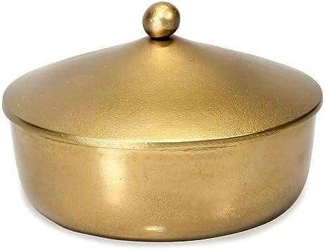 Red Co. 7” Dia Round Antique Decorative Textured Metal Bowl with Dome Knob Lid, Gold
