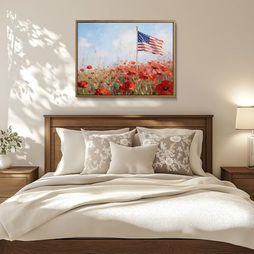 American Flag Framed Canvas Wall Art, 4th of July Patriotic Canvas Prints | USA Flag with Bald Eagle Poster Print, Vintage Independence Day Wall Decor for Bedroom Living Room 24×36in