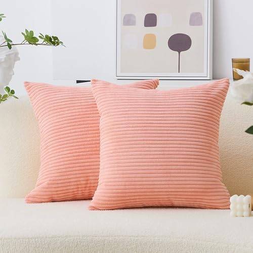 Home Brilliant Corduroy Throw Pillow Covers 16x16 Accent Pillows 2 Pack Pink Throw Pillows for Couch Bedding Room, 40cm, 2 Pack, 16 x 16 Inch, Coral