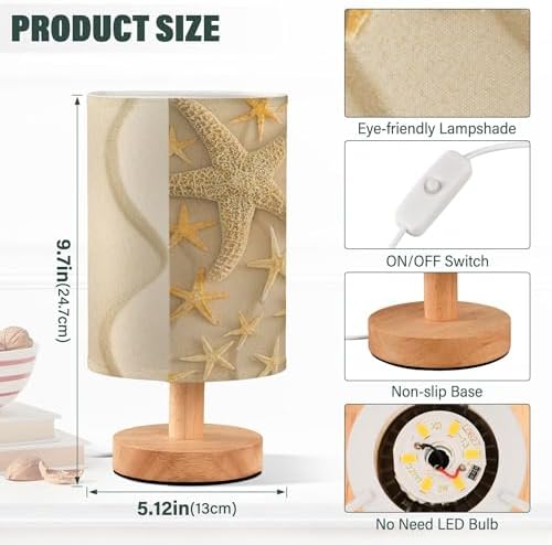 Nautical Starfish Gold Wavy Beach Sand Summer Ocean Design Table Lamp with Wood Base Fabric Lamp Shade Bedside Nightstand Desk Lamp for Living Room Bedroom Kids Room Office