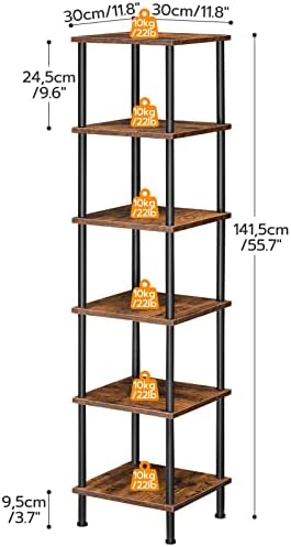 HOOBRO 6-Tier Corner Shelf, Corner Square Rack Display Shelf, Tall Storage Rack Plant Stand, Bookcase for Small Spaces, Living Room, Home Office, Kitchen, Rustic Brown and Black BF55CJ01