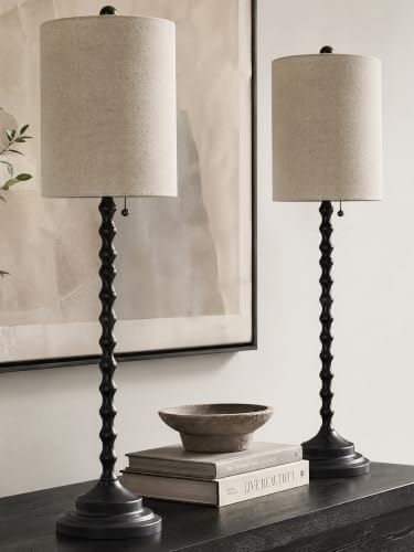 Buffet Lamps Set of 2, 30" Tall Black Table Lamps for Console Table, Entryway, Hallway, Dining Sideboard & Living Room, Candlestick Lamps with Linen Shade, Pull Chain, E26 Base, 6FT Cord