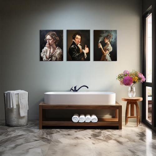 PAINURA Funny Bathroom Wall Art Set of 3 Canvas Prints Black Retro Vintage Waterproof Perfect for Bathroom Kitchen Living Room Bedroom Office,Hotel Restaurant Bar (16" L X 12" W, Wrapped Canvas)