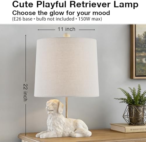 18.5" Distressed White Retriever Dog Table Lamp, Oatmeal Hardback Shade