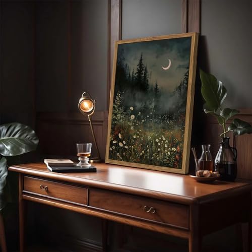 Vintage Moonlit Forest Wall Art Crescent Moon Forest Wildflower Gothic Canvas Prints Landscape Aesthetic Pictures Wall Decor for Living Room Bedroom Offices 16x24 inch Framed
