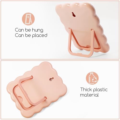 Philbinden Cute Wave-Shaped Desk Vanity Makeup Mirror, Portable Folding Travel Makeup Mirror for Standing/Hanging, Home Decorations for Women Girls (1, Pink)