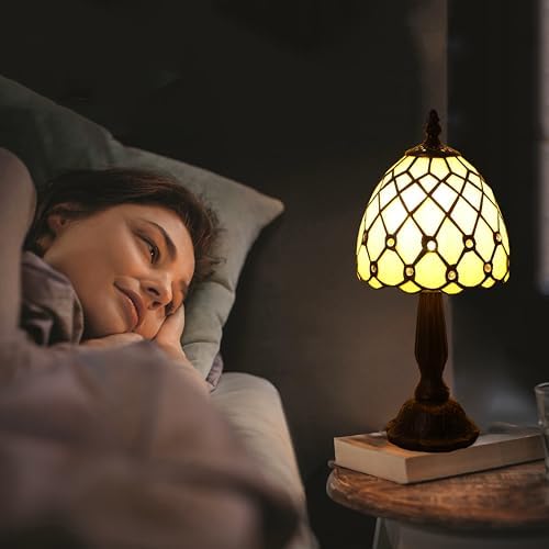 Small Tiffany Style Table Lamp,3 Color Temperature Beads Light Gold Stained Glass Table Lamps for Living Dining Room,Bedroom,Bedside Nightstand Night Light+LED E12 Bulb,6X6X13Inch