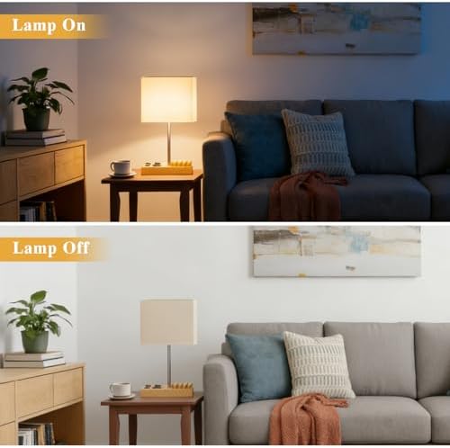 Briever USB Table Lamp, Multi-Functional Desk Lamp with 2 AC Outlets, Bedside Lamp with 3 USB Charging Ports and Wooden Phone Stands, Nightstand Lamp for Bedroom, Livingroom, Office, Natural Wood