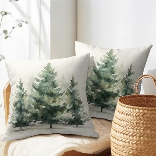 Watercolor Green Tree Throw Pillow Covers 18x18 Inch Set of 2 Green Christmas Tree Decorative Pillowcase Winter Nature Trees Holiday Cotton Linen Cushion Cover for Home Sofa Living Room Patio