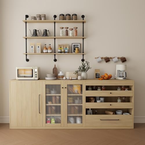 3-Tier Industrial Pipe Floating Shelf – Rustic 60 inch Wood Wall-Mounted Storage Shelf for Kitchen Office,Bathroom & Home Decor -White Oak