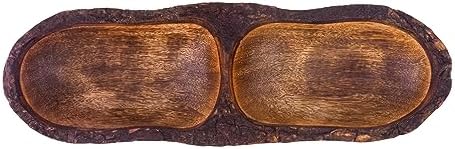 Natural Wooden Tray, Serving Bowl for Salad, Veggies and Fruits, Large Deep Tray for Family, Party (Bark Edge with Two Compartments)