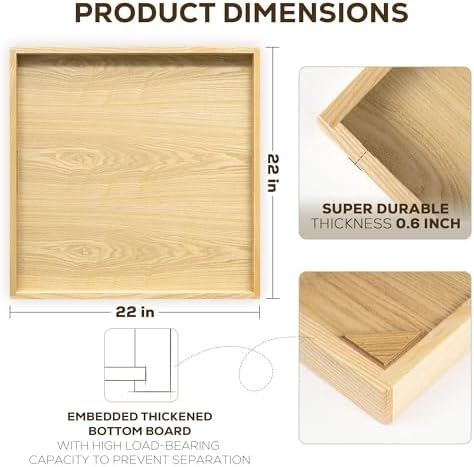 Axeman 22 Inch Large Square Wooden Ottoman Tray for Living Room|Extra Large Serving Tray with Handles for Coffee Table, Breakfast|Decorative Wood Tray for Ottoman Couch Sofa Kitchen|Natural