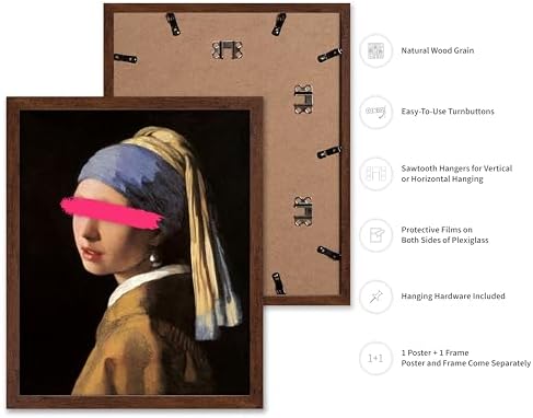 Poster Master Girl with a Pearl Earring Painting Print - Baroque Portrait Poster - Altered & Pop Art - Gift for Men & Women - Decor for Bedroom, Living Room or Office - 8x10 Brown Framed