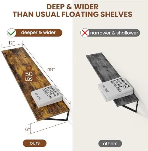 Heimlove 48W x 12D Deep Floating Shelves Set of 2 Rustic Brown