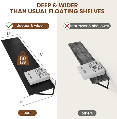 Heimlove 48W x 12D Deep Floating Shelves Set of 2 Black