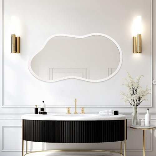 AAZZKANG Irregular Wall Mirror Wooden Large 26"x16" Decorative Hanging Mirrors Asymmetrical for Bedroom Dressing Room Living Room Bathroom Entryway White