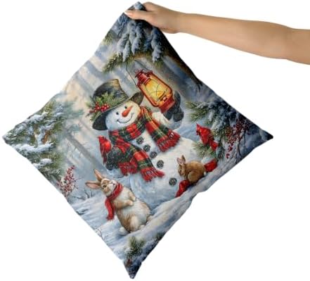 Giwawa 2PCs Snowman Throw Pillow Covers, 20"x20" Winter Snowy Trees Red Birds Rabbits Decorative Cotton Pillow Cases, Rustic Xmas Square Cushion Cover for Sofa Couch Living Room Holiday