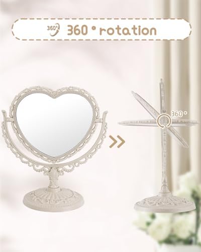 XPXKJ 7 Inch Vintage Heart Mirror - Elegant Desk Makeup Mirror with Double Sided 360 Degree Rotation Vanity Mirror for Coquette Room Decor