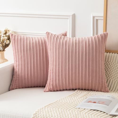 Kevin Textile Striped Corduroy 18”x18” Pillow Covers 2 Pack, Baby Pink