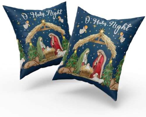 Giwawa Christmas Pillow Covers Pack of 2 18x18 Inch O Holy Night Jesus Nativity Decorative Throw Pillow Cases Xmas Blue Winter Holiday Cotton Soft Cushion Covers for Sofa Couch Patio Season