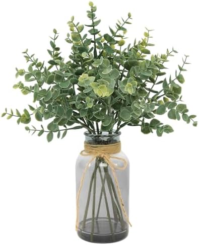 Coferset Fake Eucalyptus Stems in Glass Vase with Faux Water,Gray Vase