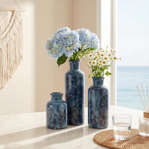 Blue Ceramic Flower Vase Set of 3, Modern Farmhouse Country Costal Vase for Home Decor, Decorative Vase for Table Entryway Mantel Fireplace Centerpieces Living Room Bathroom Decor(Cobalt Blue)