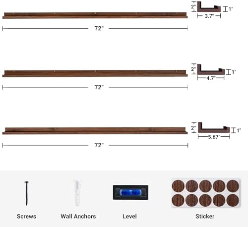 Axeman Picture Ledge Shelf, 72 Inch Walnut Floating Shelves Set of 3