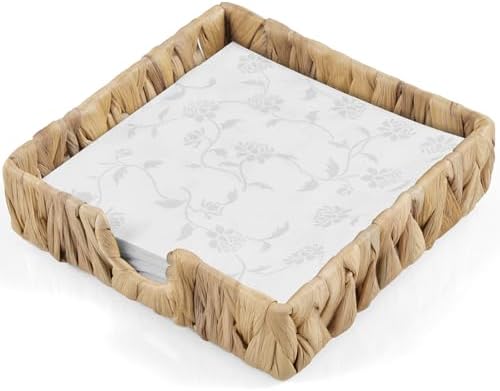 Napkin Holder for Table, Woven Water Hyacinth Napkin Holders For Paper Napkins, Wicker Napkin Holders for Kitchen Dinner Table Boho Decor and Accessories, Square Napkin Basket and Serving Tray