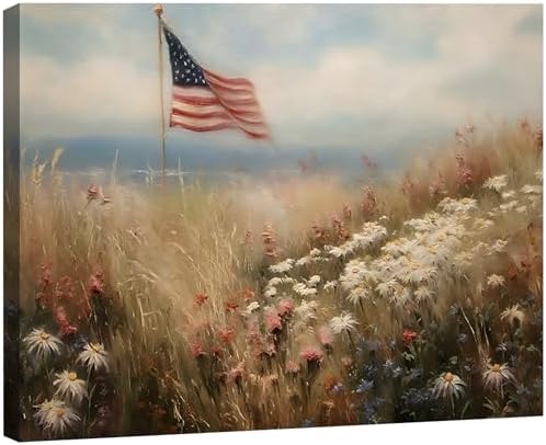 RIBNTAK Vintage American Flag Canvas Wall Art, Rustic Field Landscape Artwork Print for 4th of July Decorations, Patriotic Decor Collection Perfect for Independence Day Bedroom Home Decor