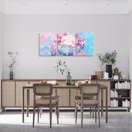 Feelyou Boys Girls Pink Axolotl Canvas Wall Art for Living Room Bedroom Salamander Wall Painting Posters and Prints Kids Sealife Picture Wall Decor Ocean Animal Bathroom Wall Art 12"x16"x 3Pcs