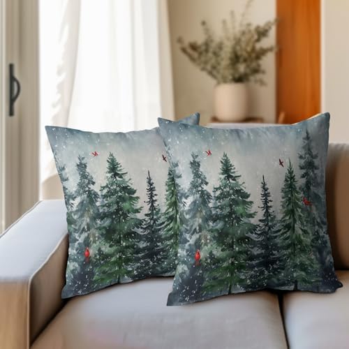 Green Tree Throw Pillow Covers Winter Snowy Forest Pillowcase 16x16 inch 2 PCS Nature Landscape Red Bird Decorative Cushion Cover for Home Patio Sofa Bedroom