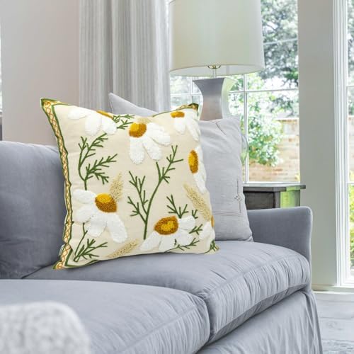 Alysheer Floral Embroidered Throw Pillow Cover 18"x18" Set of 2 White Daisy