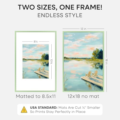 Homeforia 12x18 Green Picture Frame, High-End Metal, 8.5x11 Mat, Glass