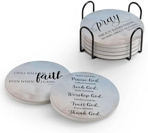 Coasters for Drinks with Bible Verses, Set of 6 Sky Blue Absorbent Drinks Coasters with Holder Ceramic Drink Coaster with Cork Backing for Table Protection, Christian Gifts