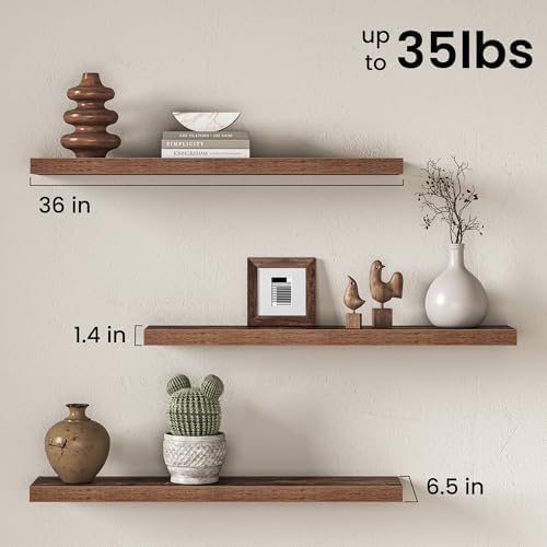36 Inch Floating Shelves for Wall, Wood Wall Mounted Deep Storage Shelves with Invisible Brackets, Large Decorative Display Ledge for Living Room Bedroom Bathroom and Kitchen, Set of 2, Rustic Brown
