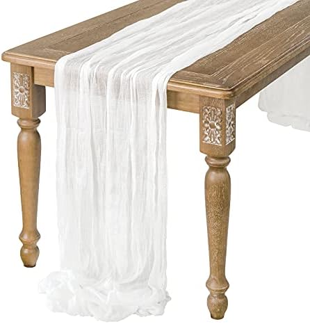 Ling's Moment 10Ft x 35" Wide Brilliant White Gauze Semi-Sheer Table Runner Cheesecloth Tablecloth for Wedding Party Bridal Shower Boho Table Decor