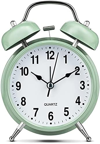 Bernhard Products Analog Alarm Clock 4" Twin Bell Green Silent Non-Ticking Quartz Battery Operated Extra Loud with Backlight for Bedside Table Vintage Retro Style, Decorative Desk Clocks (Pistachio)