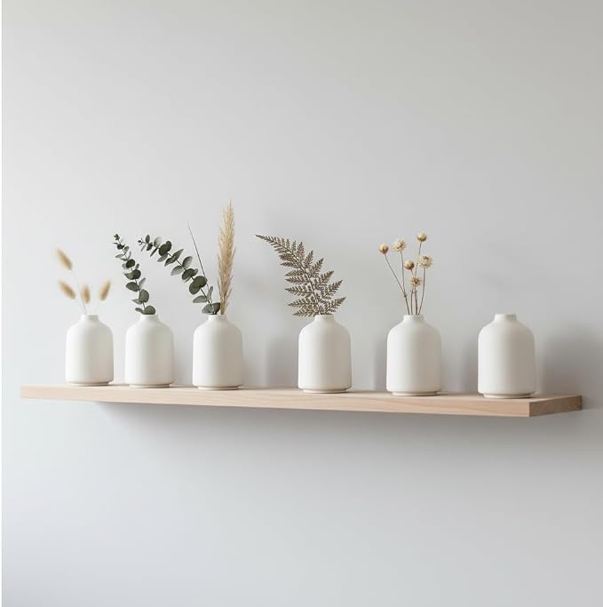 Carrot's Den Small White Ceramic Bud Vase Set of 6, Flower Centerpieces | Mini stoneware profile, sealed to hold water. Six matching pieces line up along a dining table, mantel, or open shelves.